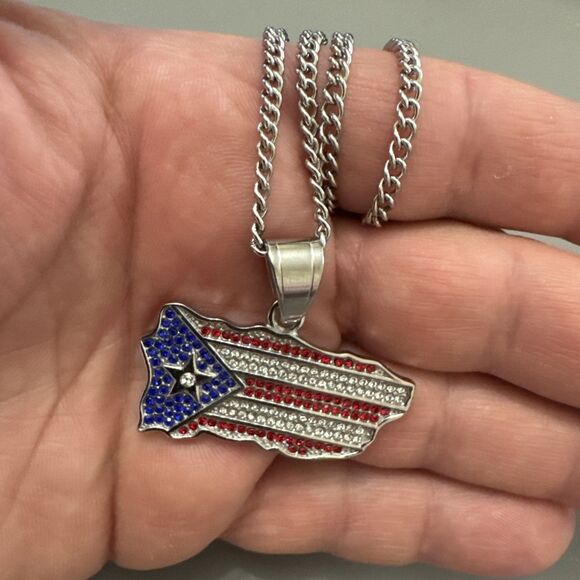 Puerto Rico Flag Pendant Silver Plated Stainless Steel 24 Inch Chain Necklace - Picture 5 of 6